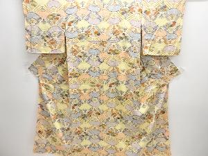 扇に草花・疋田模様小紋着物